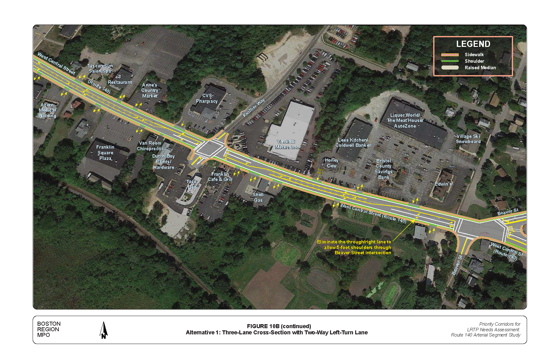 FIGURE 10B (continued): Alternative 1: Three-Lane Cross-Section with Two-Way Left-Turn Lane. Aerial-view map that illustrates MPO staff “Improvement Alternative 1,” which recommends reconfiguring West Central Street into a three-lane cross-section with two-way left-turn lane.